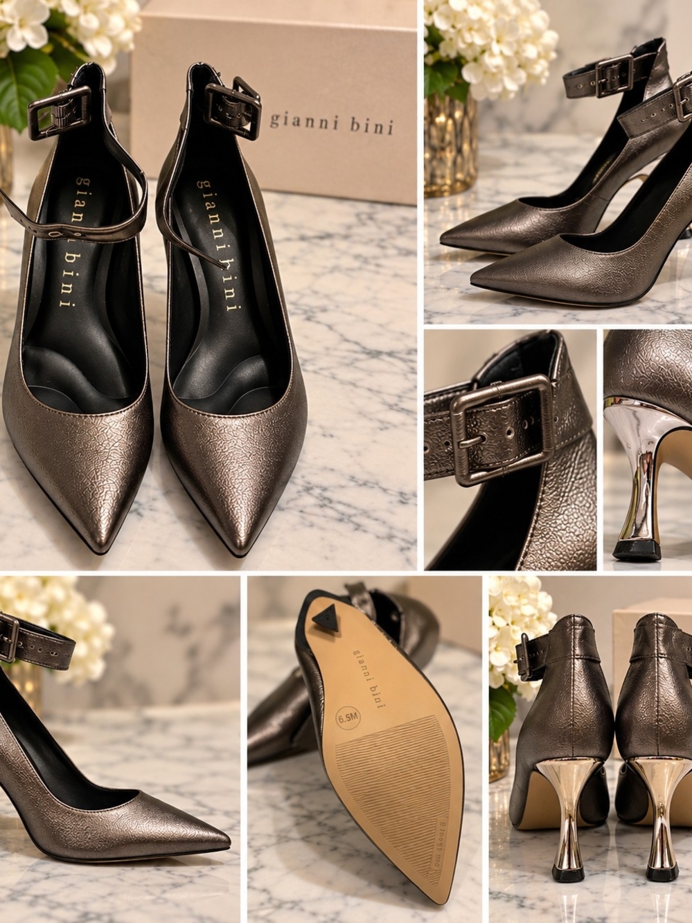 Gianni Bini Metallic Pewter Pointed-Toe Ankle-Strap Pumps